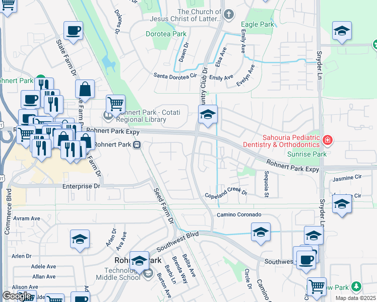 map of restaurants, bars, coffee shops, grocery stores, and more near 6351 Country Club Drive in Rohnert Park