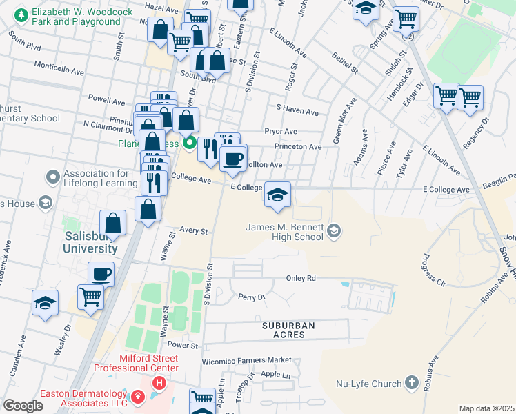 map of restaurants, bars, coffee shops, grocery stores, and more near 300 East College Avenue in Salisbury