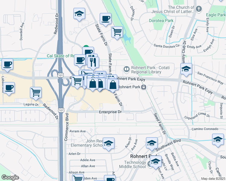 map of restaurants, bars, coffee shops, grocery stores, and more near 6413 State Farm Drive in Rohnert Park