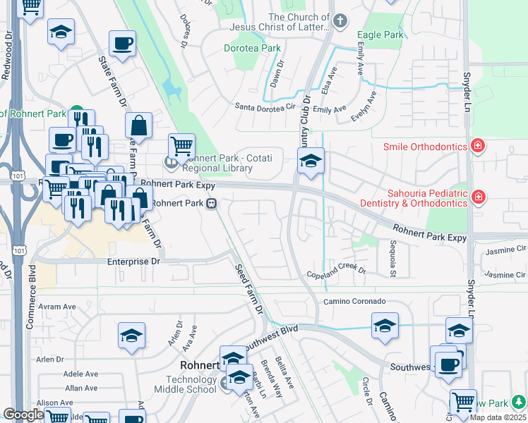 map of restaurants, bars, coffee shops, grocery stores, and more near 225 Walnut Circle in Rohnert Park