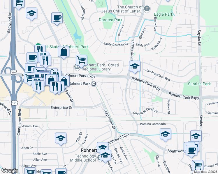 map of restaurants, bars, coffee shops, grocery stores, and more near 225 Walnut Circle in Rohnert Park