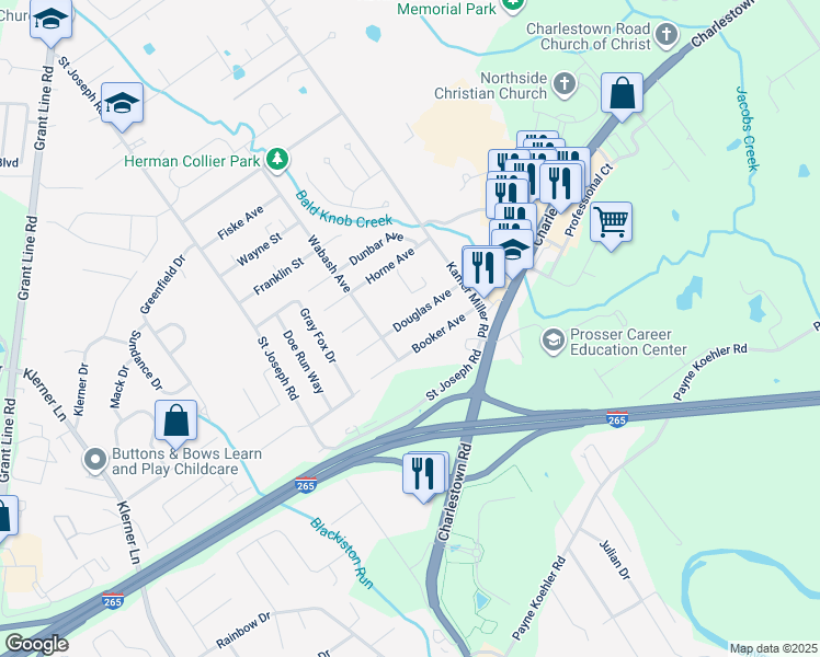 map of restaurants, bars, coffee shops, grocery stores, and more near 3900-3998 Douglas Ave in New Albany