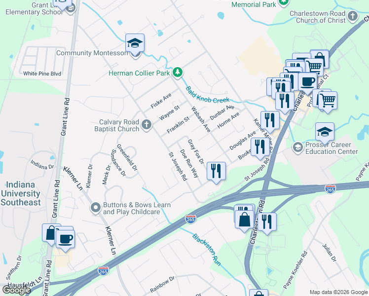 map of restaurants, bars, coffee shops, grocery stores, and more near 3642 Gray Fox Drive in New Albany