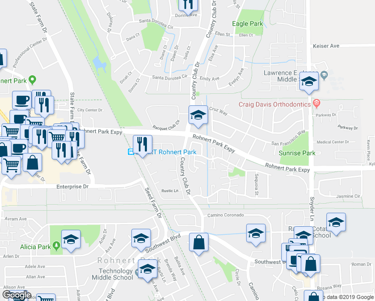 map of restaurants, bars, coffee shops, grocery stores, and more near 909 Civic Center Drive in Rohnert Park