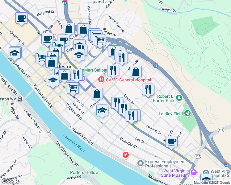 map of restaurants, bars, coffee shops, grocery stores, and more near 501 Morris Street in Charleston