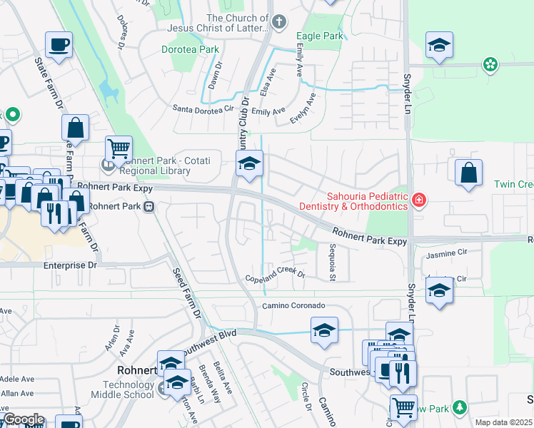 map of restaurants, bars, coffee shops, grocery stores, and more near 23 Conifer Square in Rohnert Park