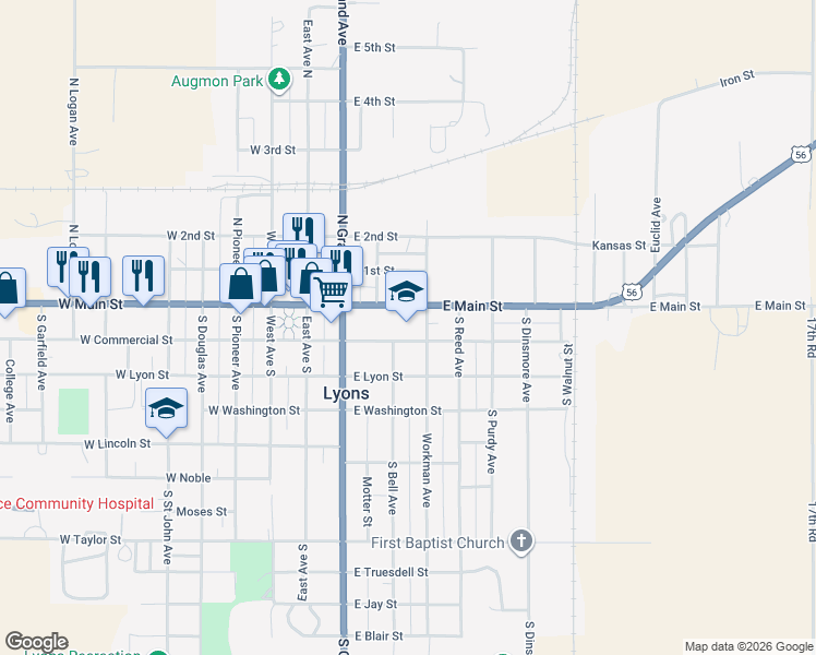 map of restaurants, bars, coffee shops, grocery stores, and more near 121 Workman Avenue in Lyons