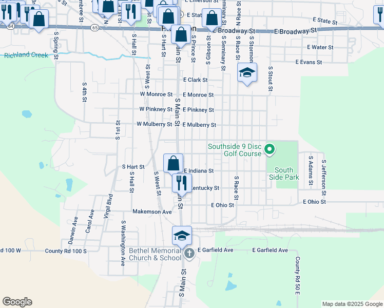 map of restaurants, bars, coffee shops, grocery stores, and more near 199 East Illinois Street in Princeton