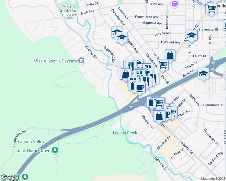 map of restaurants, bars, coffee shops, grocery stores, and more near 917 El Camino Avenue in Vacaville