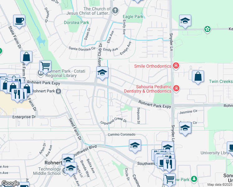 map of restaurants, bars, coffee shops, grocery stores, and more near 1018 Civic Center Drive in Rohnert Park