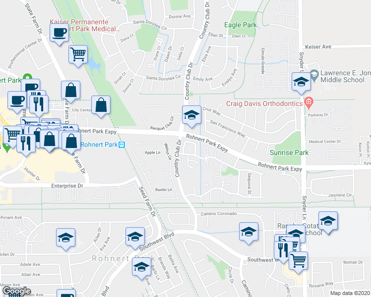 map of restaurants, bars, coffee shops, grocery stores, and more near 909 Civic Center Drive in Rohnert Park