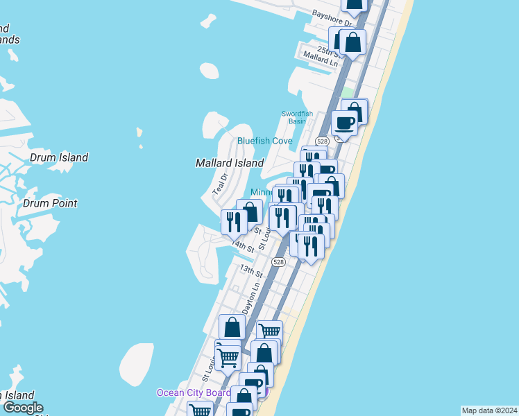 map of restaurants, bars, coffee shops, grocery stores, and more near 301 17th Street in Ocean City