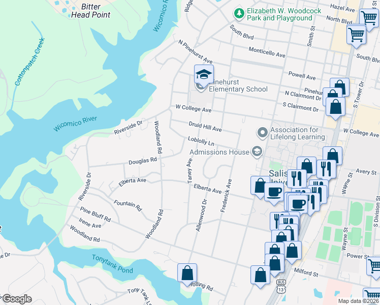 map of restaurants, bars, coffee shops, grocery stores, and more near 500 Douglas Road in Salisbury