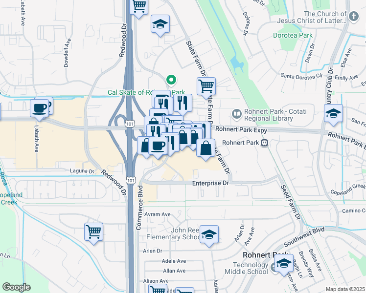 map of restaurants, bars, coffee shops, grocery stores, and more near 6332 Commerce Boulevard in Rohnert Park