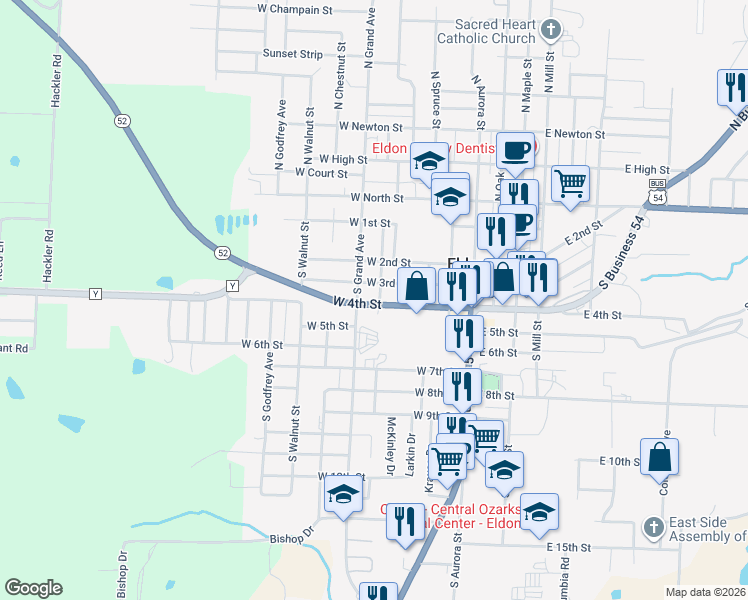 map of restaurants, bars, coffee shops, grocery stores, and more near 310 South Grand Avenue in Eldon