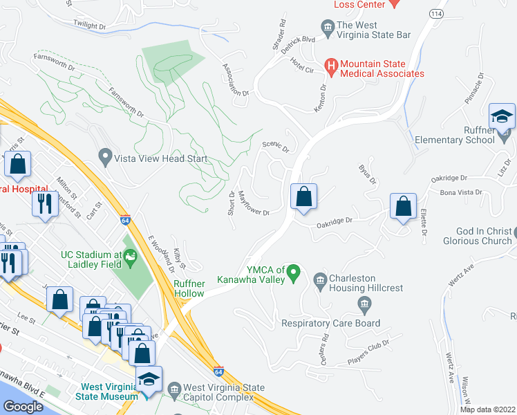 map of restaurants, bars, coffee shops, grocery stores, and more near 723 Mayflower Drive in Charleston