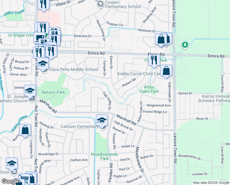 map of restaurants, bars, coffee shops, grocery stores, and more near 242 Edwin Drive in Vacaville