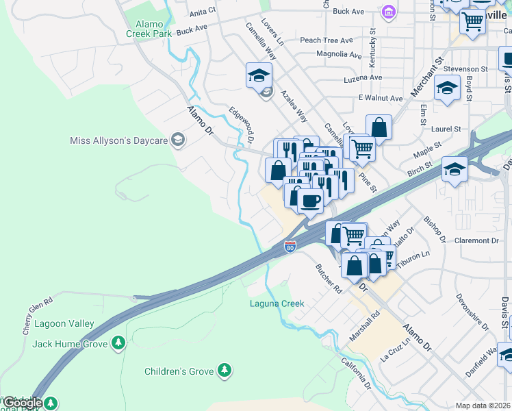 map of restaurants, bars, coffee shops, grocery stores, and more near 911 El Camino Avenue in Vacaville