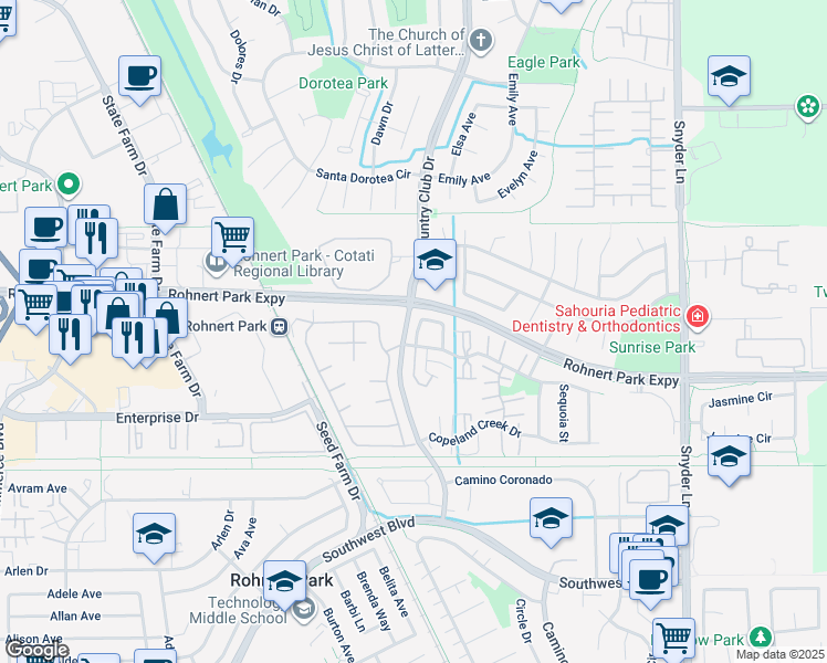 map of restaurants, bars, coffee shops, grocery stores, and more near 909 Civic Center Drive in Rohnert Park