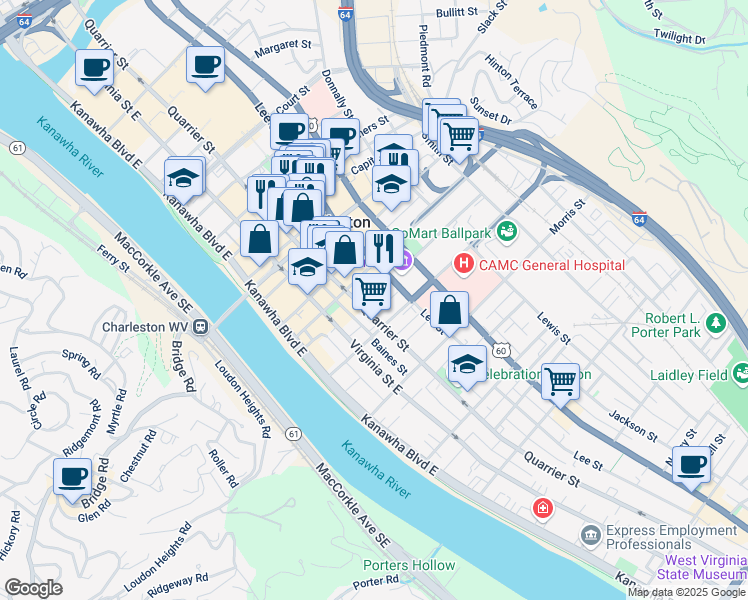 map of restaurants, bars, coffee shops, grocery stores, and more near 1120 Quarrier Street in Charleston