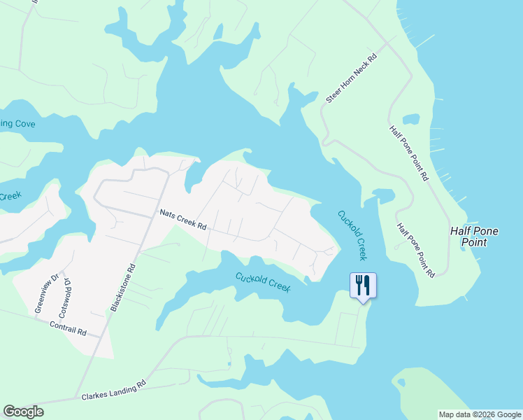 map of restaurants, bars, coffee shops, grocery stores, and more near 45255 Cuckold Creek Lane in Hollywood