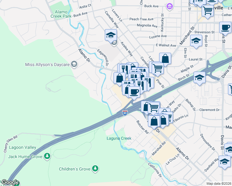 map of restaurants, bars, coffee shops, grocery stores, and more near 113 Fairoaks Drive in Vacaville