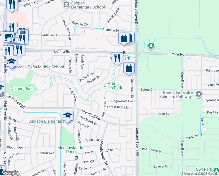 map of restaurants, bars, coffee shops, grocery stores, and more near 842 Arbor Oaks Drive in Vacaville
