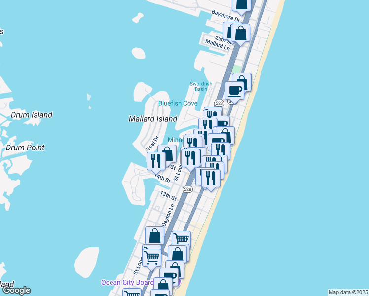 map of restaurants, bars, coffee shops, grocery stores, and more near 301 17th Street in Ocean City