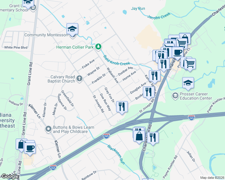 map of restaurants, bars, coffee shops, grocery stores, and more near 3832 Horne Avenue in New Albany