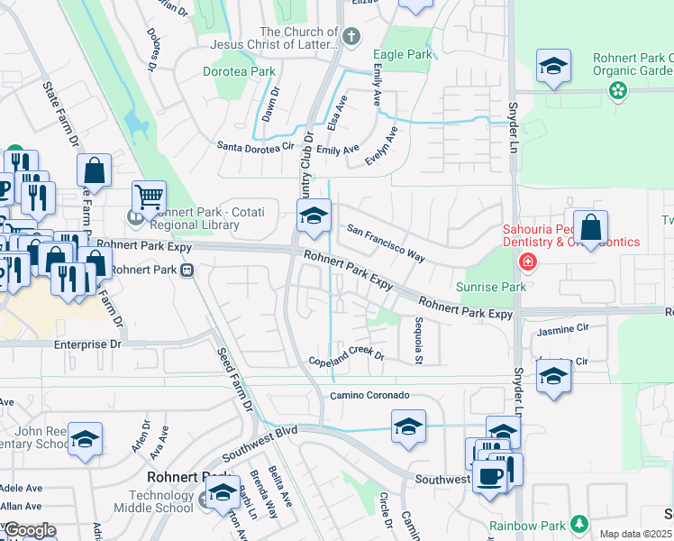 map of restaurants, bars, coffee shops, grocery stores, and more near 16 Conifer Square in Rohnert Park