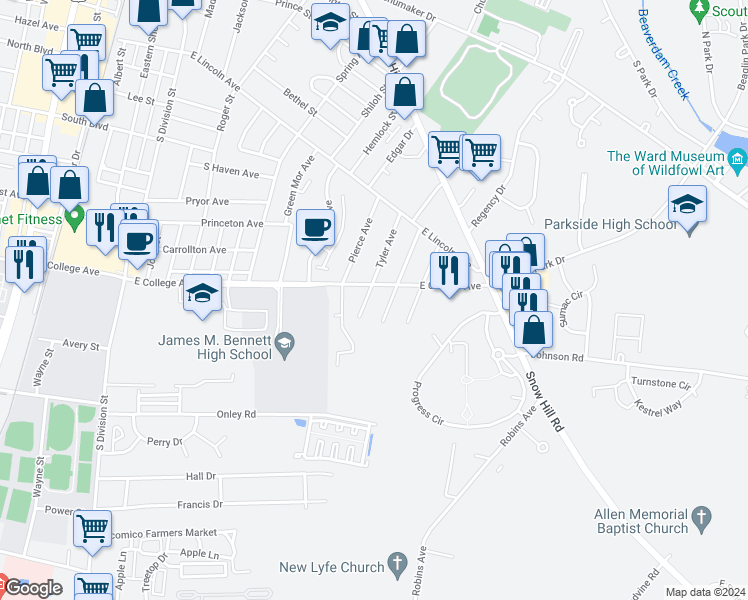 map of restaurants, bars, coffee shops, grocery stores, and more near 600 East College Avenue in Salisbury