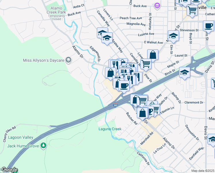 map of restaurants, bars, coffee shops, grocery stores, and more near 113 Fairoaks Drive in Vacaville