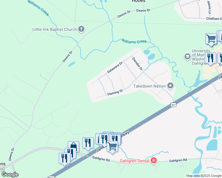 map of restaurants, bars, coffee shops, grocery stores, and more near 4414 Savannah Street in King George