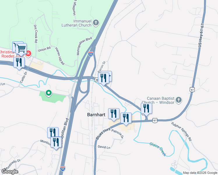 map of restaurants, bars, coffee shops, grocery stores, and more near 1375 State Highway M in Barnhart