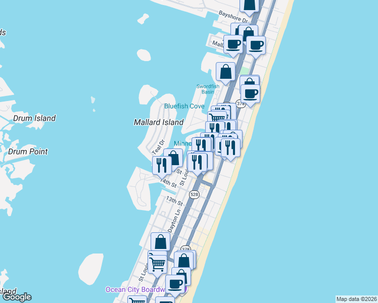 map of restaurants, bars, coffee shops, grocery stores, and more near 301B 17th Street in Ocean City