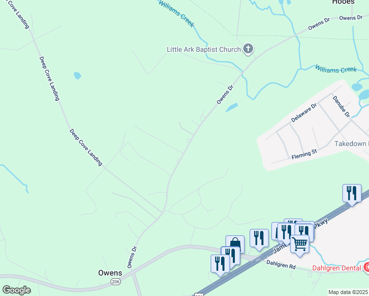 map of restaurants, bars, coffee shops, grocery stores, and more near 15387 Owens Drive in King George