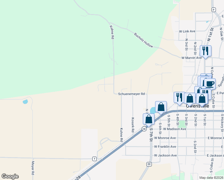 map of restaurants, bars, coffee shops, grocery stores, and more near 3497 Kuhne Road in Owensville