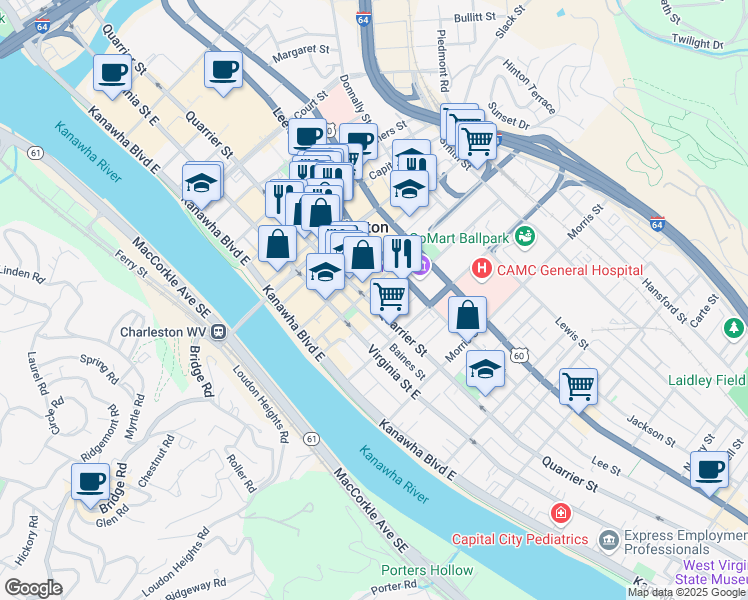 map of restaurants, bars, coffee shops, grocery stores, and more near 1120 Quarrier Street in Charleston