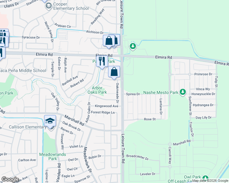 map of restaurants, bars, coffee shops, grocery stores, and more near 106 Oakmeade Court in Vacaville
