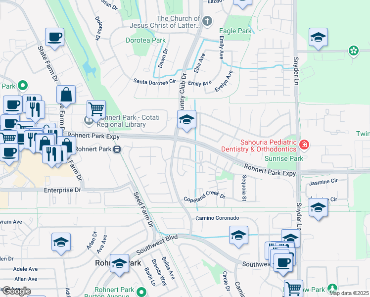 map of restaurants, bars, coffee shops, grocery stores, and more near 909 Civic Center Drive in Rohnert Park