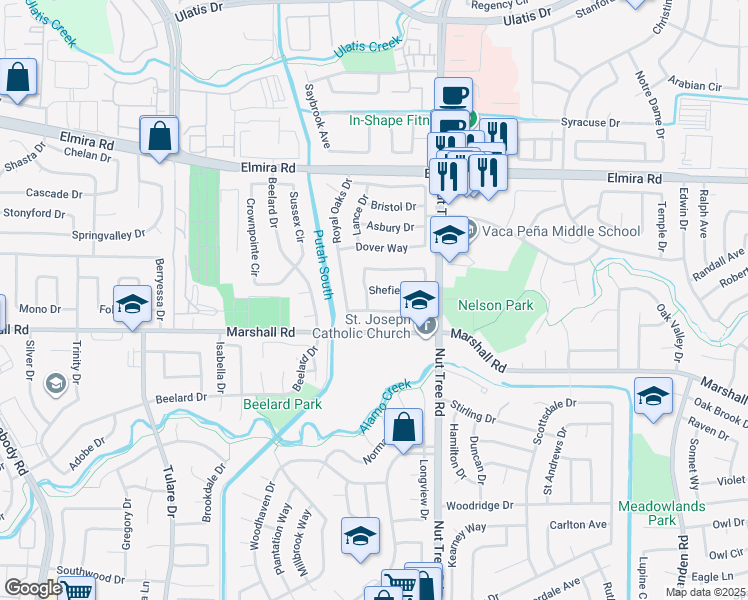 map of restaurants, bars, coffee shops, grocery stores, and more near 106 Kenyon Drive in Vacaville
