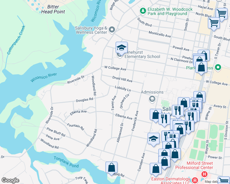 map of restaurants, bars, coffee shops, grocery stores, and more near 508 Loblolly Lane in Salisbury