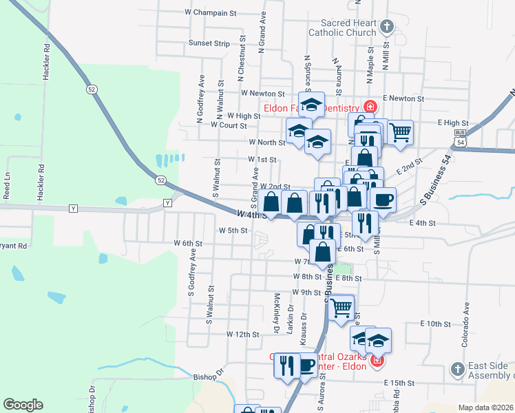 map of restaurants, bars, coffee shops, grocery stores, and more near 310 South Grand Avenue in Eldon