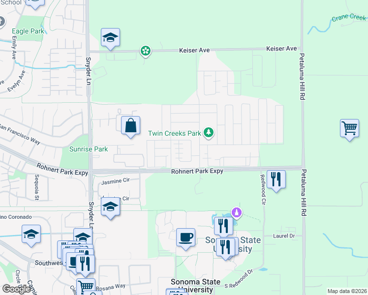 map of restaurants, bars, coffee shops, grocery stores, and more near 5316 Kirby Place in Rohnert Park