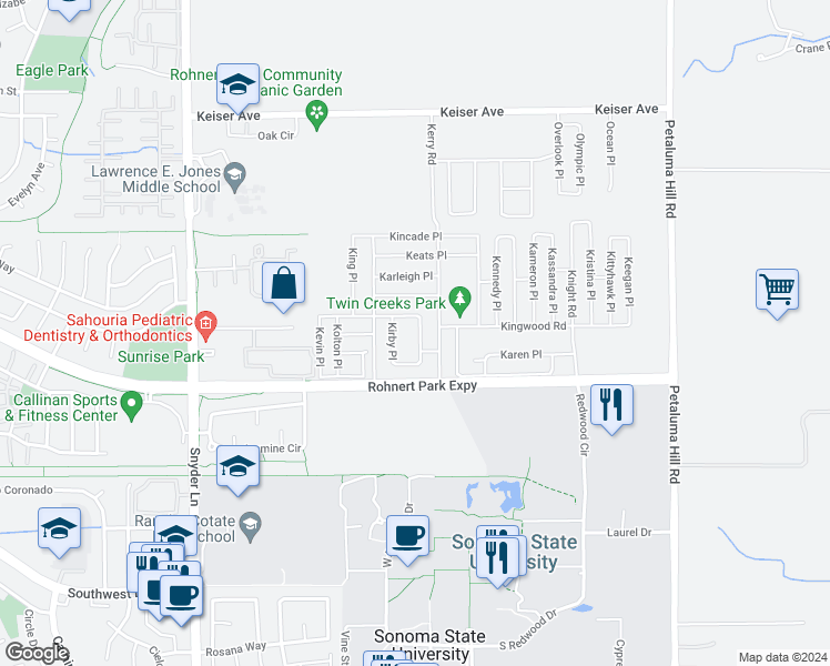 map of restaurants, bars, coffee shops, grocery stores, and more near 5319 Kelliann Place in Rohnert Park