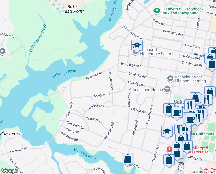 map of restaurants, bars, coffee shops, grocery stores, and more near 1110 Woodland Road in Salisbury