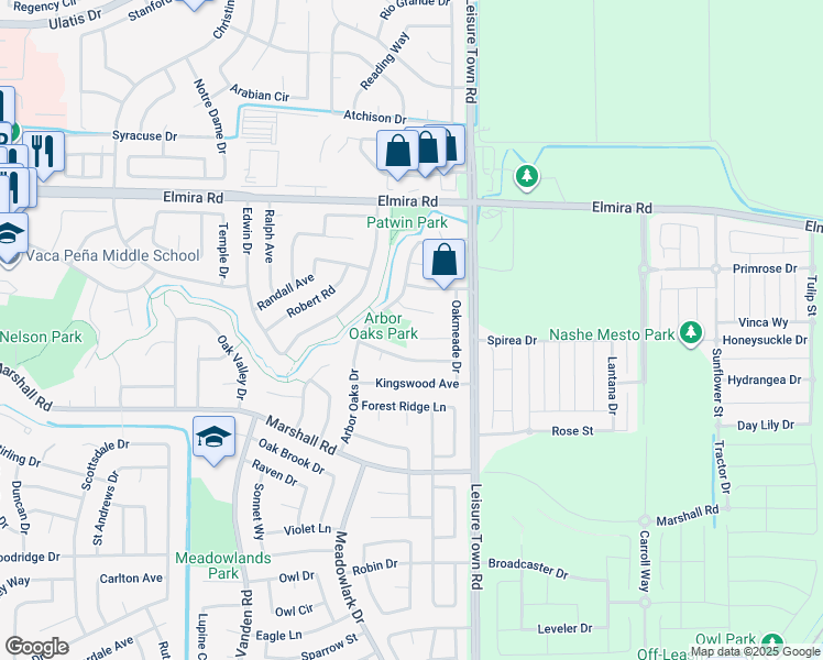 map of restaurants, bars, coffee shops, grocery stores, and more near 142 Oakmeade Court in Vacaville