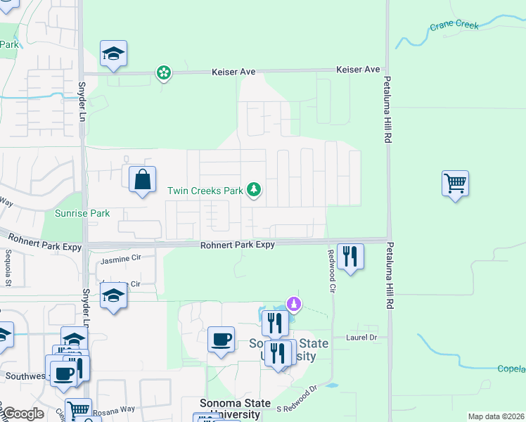 map of restaurants, bars, coffee shops, grocery stores, and more near 2001 Kingwood Road in Rohnert Park