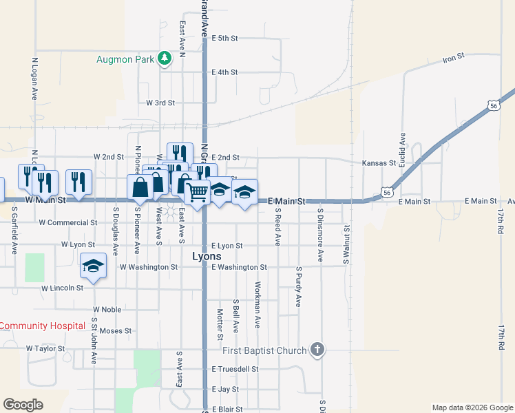 map of restaurants, bars, coffee shops, grocery stores, and more near 121 Workman Avenue in Lyons