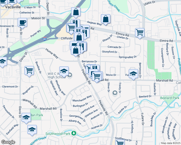 map of restaurants, bars, coffee shops, grocery stores, and more near 166 Tahoe Drive in Vacaville